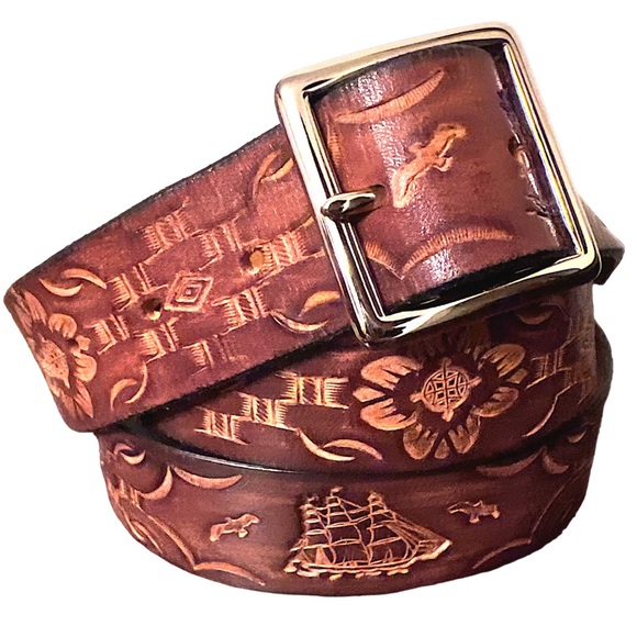 Tooled leather belt brown clipper ships EUC - Picture 2 of 5